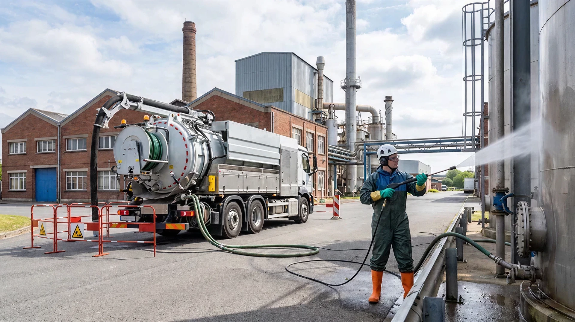 Ouvrier en combinaison de protection intégrale blanche avec charlotte et gants bleus effectue le nettoyage industriel d'un sol carrelé avec serpillière jaune dans une unité de production alimentaire ou pharmaceutique